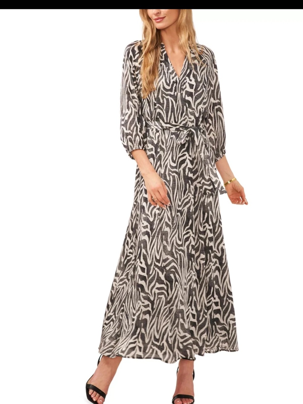 Vince Camuto Wild Zebra Print Satin Belted A-Line Midi Dress L